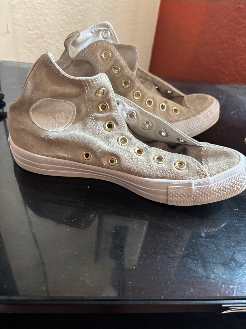 Converse Women’s High-Top Slip-On Sneakers in Taupe with Gold Eyelets